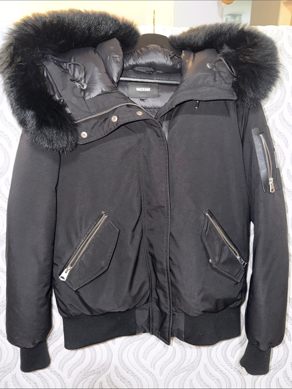 EUC Mackage Black unisex Bomber Jacket with Fur-Trim Hood Sz S